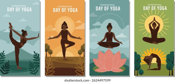 International Day of Yoga: Diverse Poses in Natural Settings Illustrations