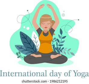 international day yoga illustration. Vector illustration with a woman in yoga poses on a mountains landscape background for use as a template of the poster for International Yoga Day, 21st June.EPS 10