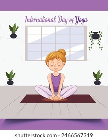 International day yoga illustration. Vector illustration with a woman in yoga poses on a indoor for use as a template of the poster for International Yoga Day,.
