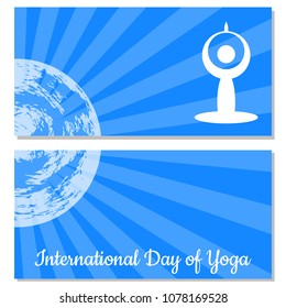 International Day of Yoga. The stylized figure of a man in a yoga asana, Earth, rays. Flyers for event participants.