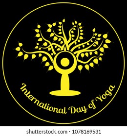 International Day of Yoga. The stylized figure of a man in a yoga asana is sitting against the background of the Bodhi tree