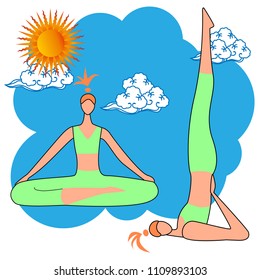 International Day of Yoga. Vector illustration of beautiful cartoon woman in various poses of yoga.