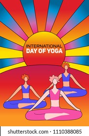 International Day of Yoga. Vector illustration of beautiful cartoon woman in various poses of yoga.