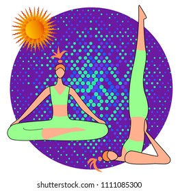 International Day of Yoga. Vector illustration of beautiful cartoon woman in various poses of yoga.