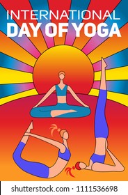 International Day of Yoga. Vector illustration of beautiful cartoon woman in various poses of yoga.