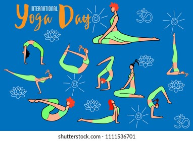 International Day of Yoga. Vector illustration of beautiful cartoon woman in various poses of yoga.