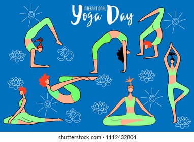 International Day of Yoga. Vector illustration of beautiful cartoon woman in various poses of yoga.