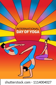 International Day of Yoga. Vector illustration of beautiful cartoon woman in various poses of yoga.