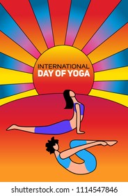 International Day of Yoga. Vector illustration of beautiful cartoon woman in various poses of yoga.