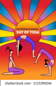 International Day of Yoga. Vector illustration of beautiful cartoon woman in various poses of yoga.