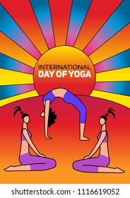 International Day of Yoga. Vector illustration of beautiful cartoon woman in various poses of yoga.