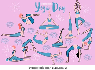 International Day of Yoga. Vector illustration of beautiful cartoon woman in various poses of yoga.