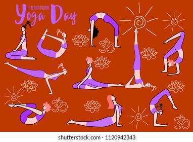International Day of Yoga. Vector illustration of beautiful cartoon woman in various poses of yoga.