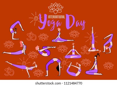 International Day of Yoga. Vector illustration of beautiful cartoon woman in various poses of yoga.