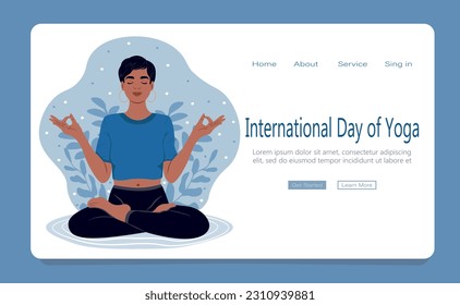 International Day of Yoga. Woman with closed eyes meditating in yoga lotus posture. Web page template. Flat vector illustration.