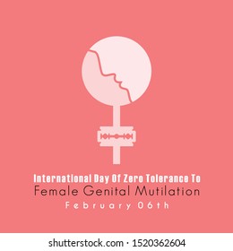 International Day of Zero Tolerance to Female Genital Mutilation with woman face on female icon and razor blade