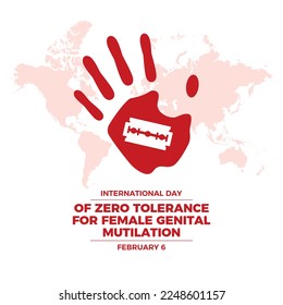 Día Internacional de Tolerancia Cero para Vectores de Mutilación Genital Femenina. Huella de mujer con un vector de icono de silueta de cuchilla de afeitar. Detengan la violencia MGF contra las mujeres. 6 de febrero. Día importante