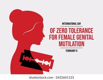 International Day of Zero Tolerance for Female Genital Mutilation poster vector illustration. Woman profile with razor blade silhouette icon vector. Stop FGM violence against women. February 6