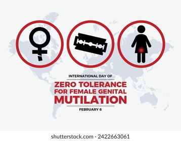 International Day of Zero Tolerance for Female Genital Mutilation poster vector illustration. Razor blade, gender symbol, woman icon set vector. Stop FGM violence against women. February 6