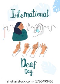 International Deaf day 23 september line art vector illustration.Young deaf girl with hearing aid.Sign language communication.Hearing disability concept.Ear care.Equal rights.World Hearing day.IDSL