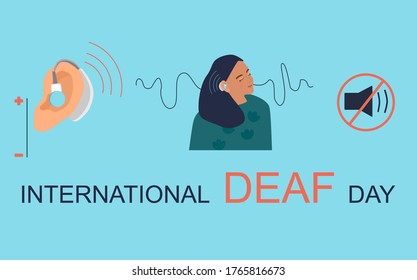 International Deaf day 23 september hand drawn vector illustration.Young deaf girl with hearing aid.Hearing disability concept.Ableism,equal rights and opportunities,disabled.Save hearing.Ear care.