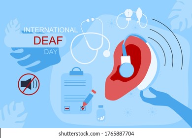 International Deaf day 23 september.Deafness.Ear with hearing aid,aerophone.Hearing disability concept,ear protection.Without sound sign.Medical icons,patient card.Flat vector website template