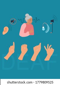 International Deaf day flat vector illustration.Old deaf woman with hearing aid.Sign language communication.Hearing disability concept.Ear care.Equal rights.World Hearing day.IDSL. Sound off/on
