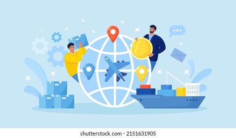 International Deal, Global Business. Diversity, Globalization And Collaboration. International Business Relationships, Commercial Cargo Transportation By Ships Or Airplane. Men Sell Goods Around World