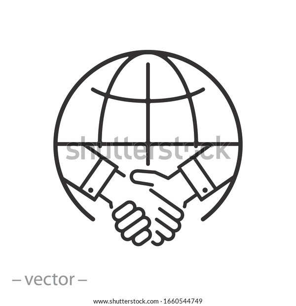 白い背景に国際取引アイコン パートナーの握手 グローバルトレード 細線のウェブシンボル 編集可能なストロークベクターイラストeps10 のベクター画像素材 ロイヤリティフリー