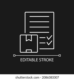 International delivery bill of landing white linear icon for dark theme. Cargo carriage contract. Thin line customizable illustration. Isolated vector contour symbol for night mode. Editable stroke