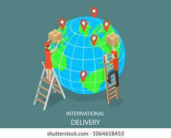 International delivery flat isometric vector concept. Couriers are delivering parcels to the globe model using ladders. Global logistic, worldwide freight shipping.