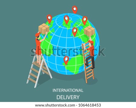 International delivery flat isometric vector concept. Couriers are delivering parcels to the globe model using ladders. Global logistic, worldwide freight shipping.