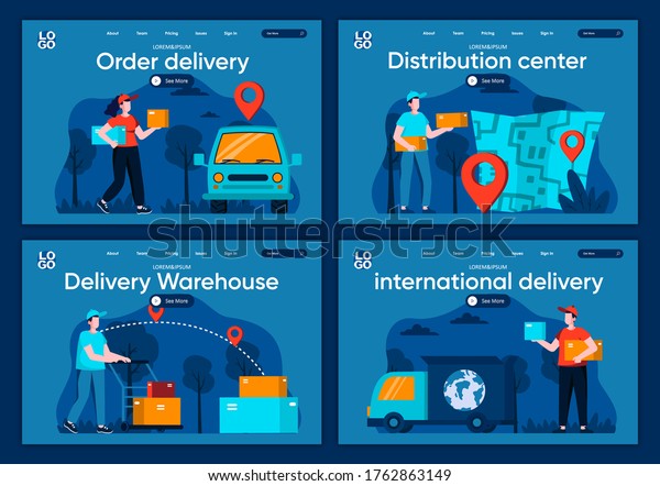 International delivery flat landing pages\
set. Online order and delivery at home, global shipping scenes for\
website or CMS web page. Distribution center, delivery warehouse\
vector\
illustration.