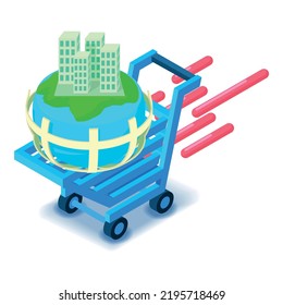 International Delivery Icon Isometric Vector. City On Globe Grid In Shop Cart. Worldwide Delivery, Ecommerce, Business, Globalization