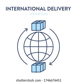 International delivery icon. Vector illustration of globe icon with parcel boxes and arrows around it. It represents a concept of international delivery, logistic service, world shipping