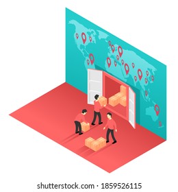 International delivery isometric concept - People loading boxes into cargo container with world map on background - logistic transportation
