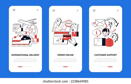 International delivery - line design style banners set with place for text. Online ordering and customer support, shipping by air, ship and land, track goods by barcode, get the box to the addressee