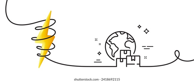 Icono de línea de entrega internacional. Una línea continua con curl. Signo de servicio logístico. Exportar el símbolo de las cajas de carga. Banda única de entrega internacional. Curva de bucle con energía. Vector