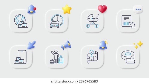 International delivery, Parcel invoice and Adhesive tape line icons. Buttons with 3d bell, chat speech, cursor. Pack of Book car, Baby carriage, Online storage icon. Vector