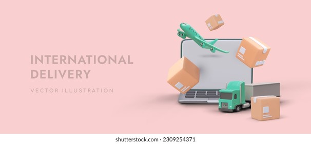 International delivery. Shipment of postal parcels by trucks and airplanes. Advertising of site for registration of cargo for shipment. Client personal account. Colored 3D elements with detailing
