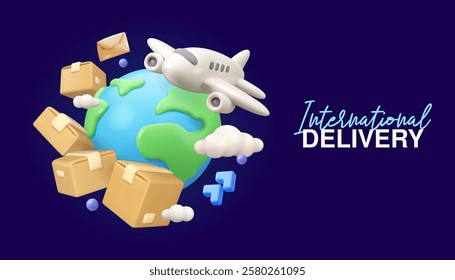 International delivery web banner. Cartoon vector 3d Earth with airplane, carboard boxes and letter in clouds. Express package delivery service concept