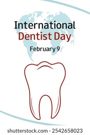 Dia Internacional do Dentista. 9 de fevereiro. Silhueta vetorial de dente e texto sobre fundo branco. Design para banner médico, cartão de saudação, apresentação, folheto.