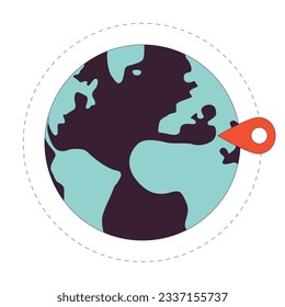 International destination flat line concept vector spot illustration. Earth globe with location pin 2D cartoon outline objects on white for web UI design. Editable isolated colorful hero image