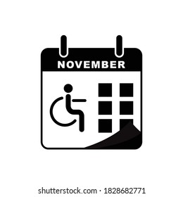 International diabetes day calendar icon with icon of a person sitting in a wheelchair. Design template vector