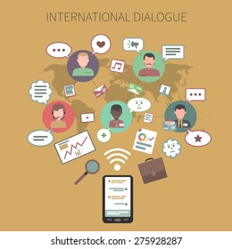 International dialogue concept with chart symbols and world map vector illustration