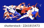 International different athlete group. Sport activities mix concept. Diverse professional athletes with baseball, fencing equipment. Multi-ethnic sportsmen community. Isolated flat vector illustration