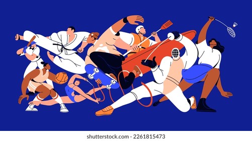 International different athlete group  Sport activities mix concept  Diverse professional athletes and baseball  fencing equipment  Multi  ethnic sportsmen community  Isolated flat vector illustration