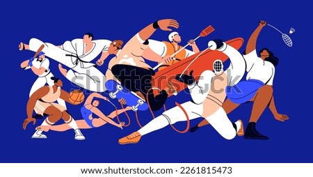 International different athlete group. Sport activities mix concept. Diverse professional athletes with baseball, fencing equipment. Multi-ethnic sportsmen community. Isolated flat vector illustration