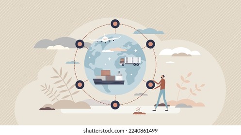 El concepto de diminuta persona del servicio de distribución internacional y transporte marítimo global. Compañía de transporte de mercancías con conexiones de exportación a nivel mundial utilizando ilustraciones de vectores de transporte aéreo, marítimo o terrestre.