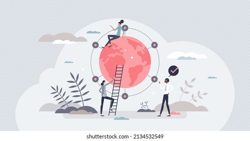 International Distribution With Worldwide Export Shipping Tiny Person Concept. Global Delivery Service With Warehouse Chain Coverage Vector Illustration. Large Shipment Network For Location Connection